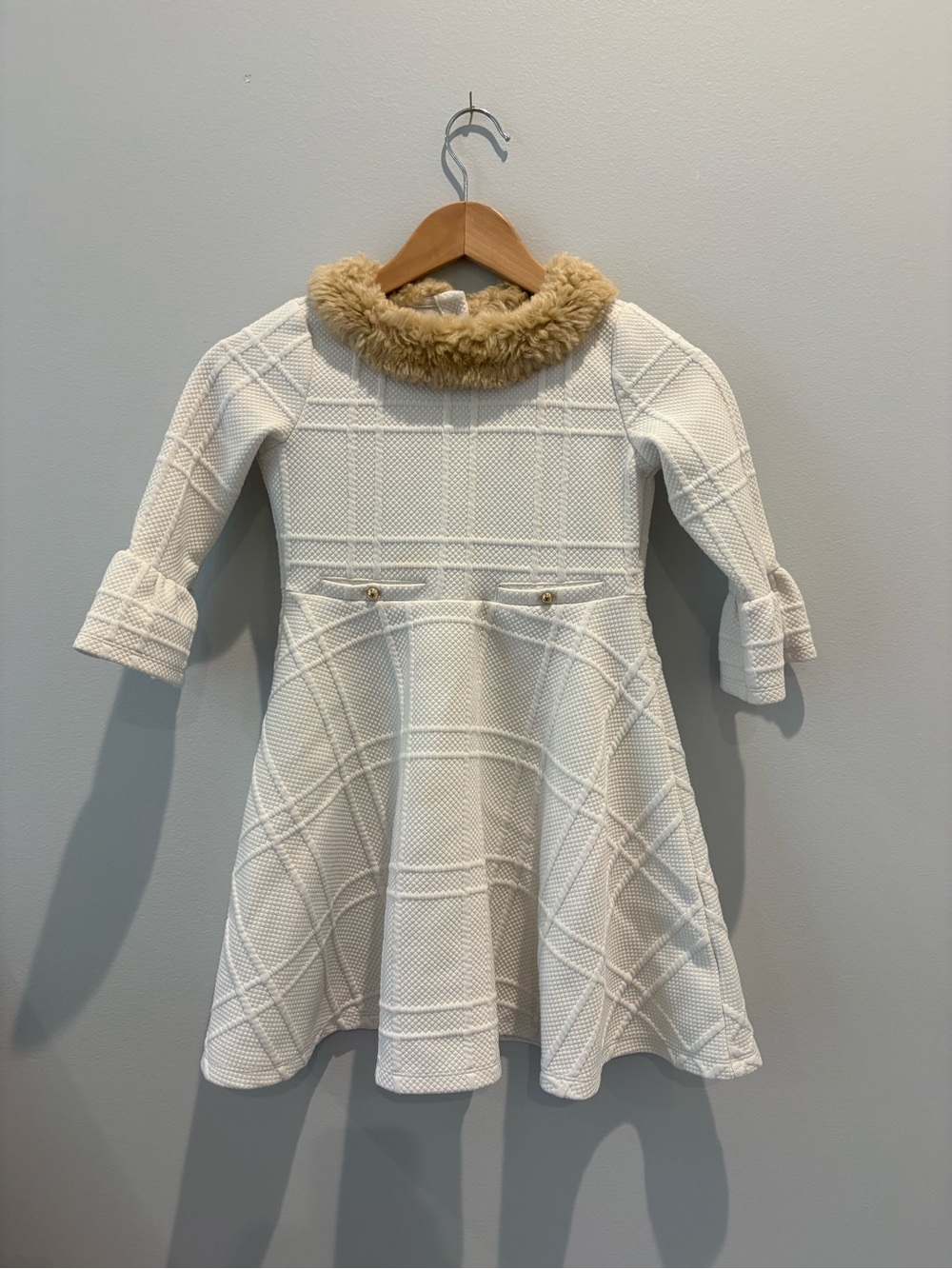 Janie & Jack Girls Cream Textured Dress with Faux Fur Collar